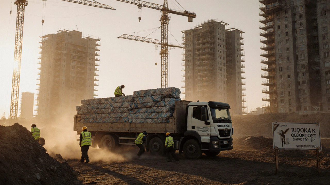 Будівельна майданчик у Дніпровському районі з працівниками та кранами