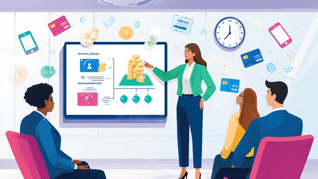 Група новачків у навчальній кімнаті банку слухають інструктаж про фінансові продукти.