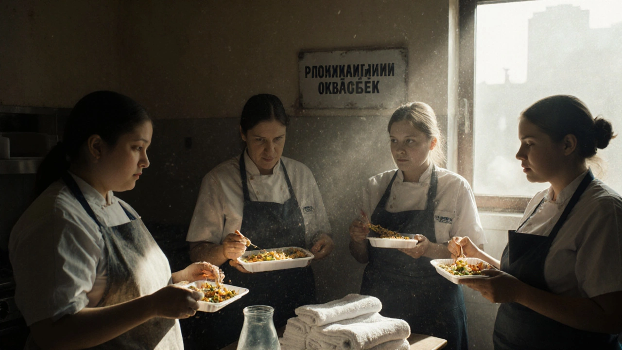 Група працівниць кухні відпочиває з їжею в готельній кімнаті для персоналу.