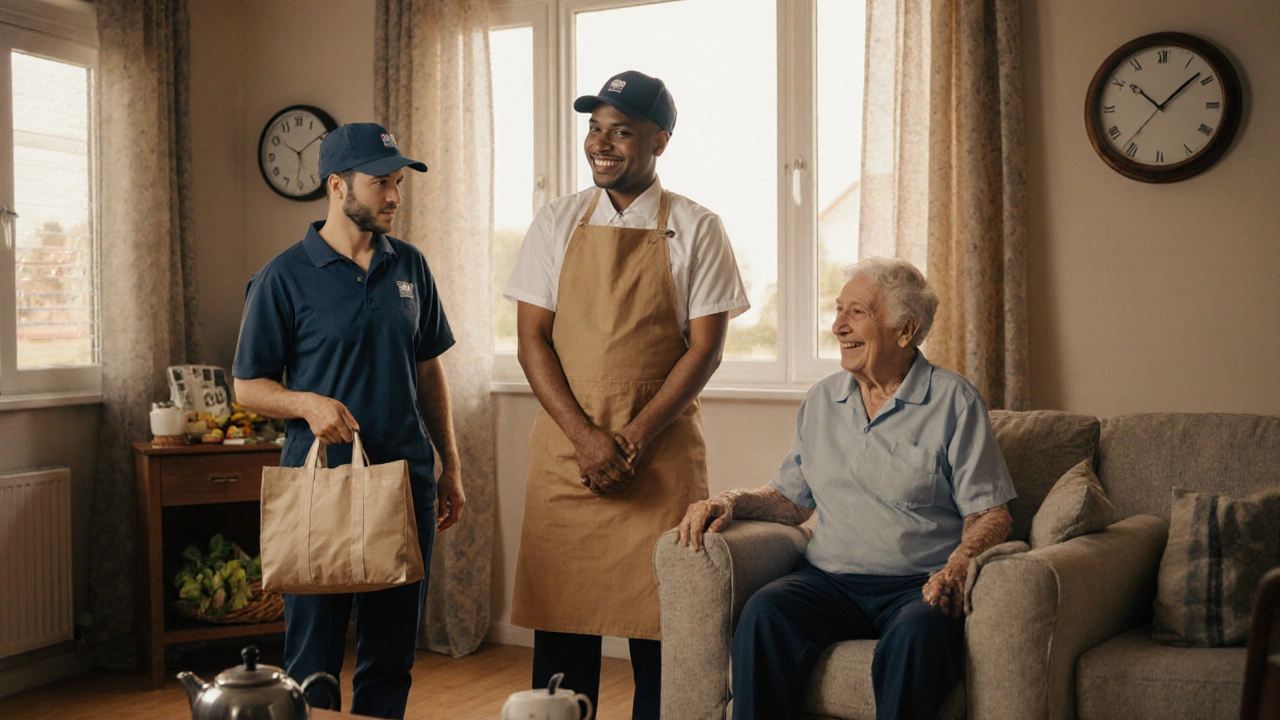 Група працівників: кур’єр, продавець і доглядач у повсякденних ситуаціях.