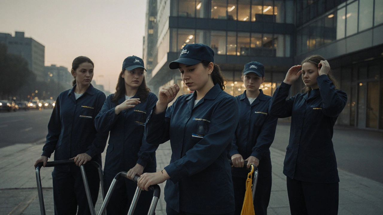 Група жінок-прибиральниць з інвентарем чекає перед офісним будинком вранці в Києві.