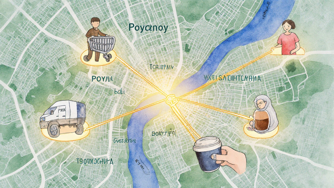 Карта Правобережжя з символами роботи, з’єднаними золотою ниткою.