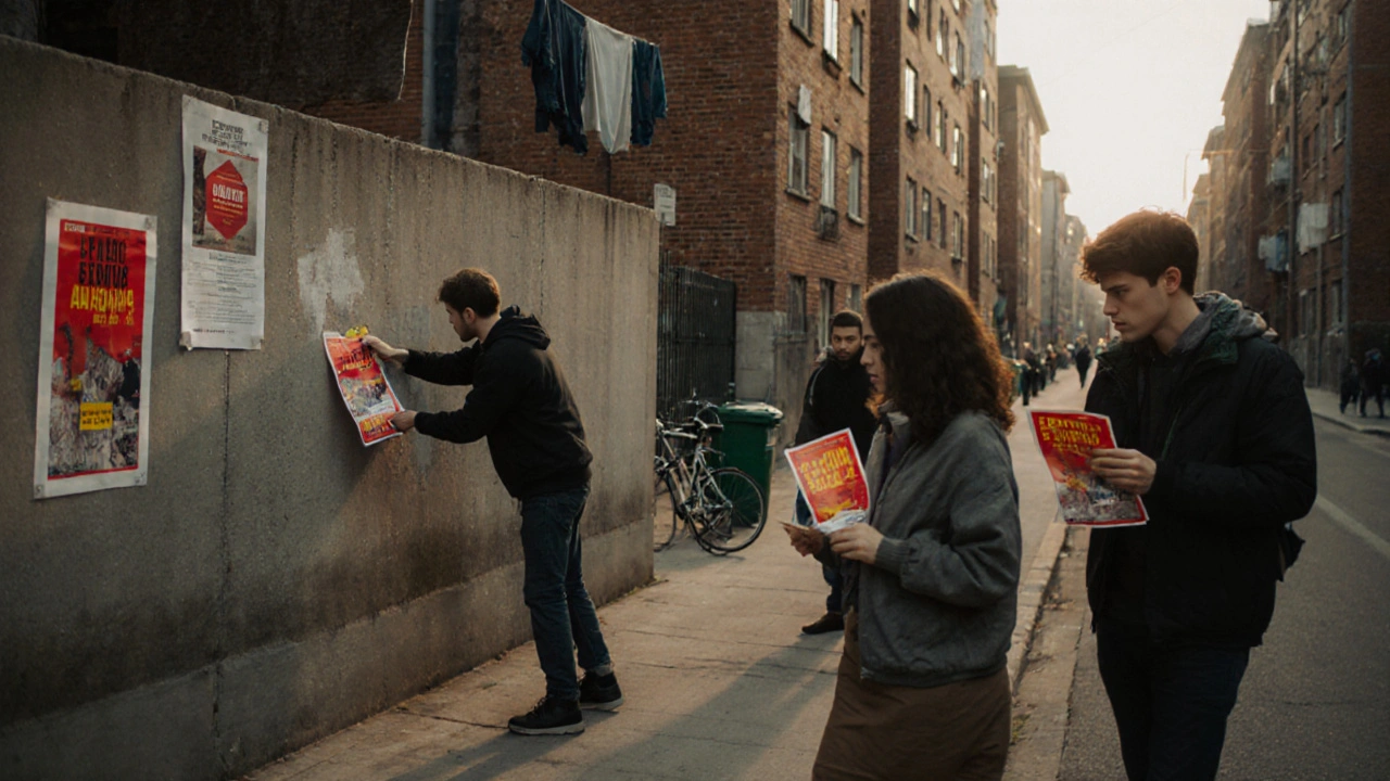Люди роздають листівки в житловому районі Києва.