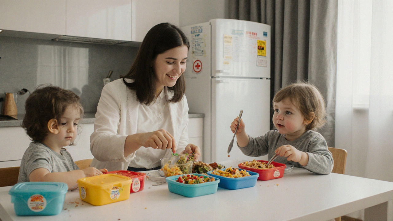 Няня готує здорову їжу для двох дітей у кухні