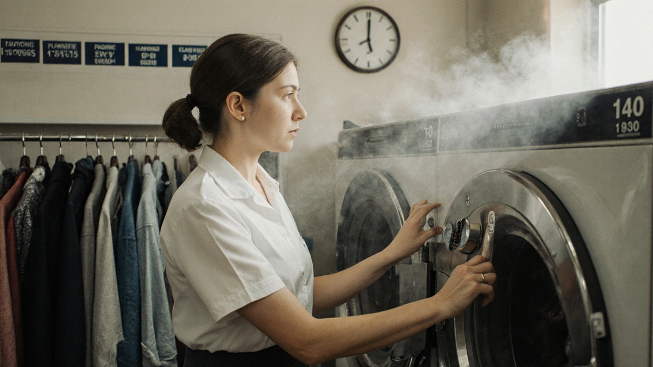 Оператор працює з промисловою машиною для чищення одягу.