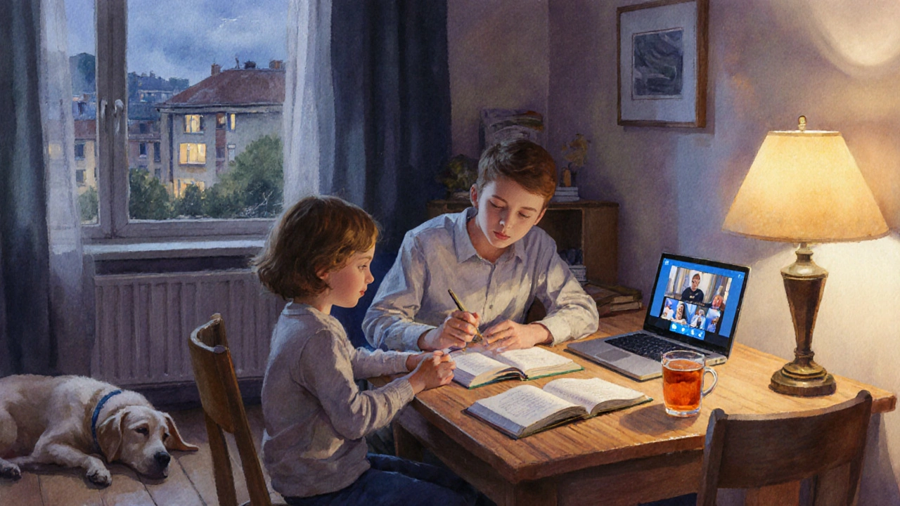 Підліток допомагає молодшому учневі з домашнім завданням вдома.