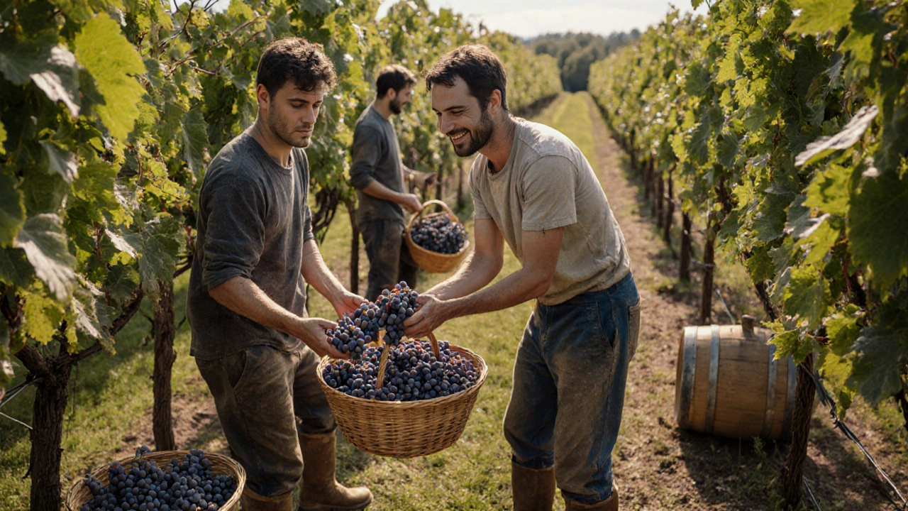 Працівники збирають виноград у літній день у приватному винограднику під Києвом.