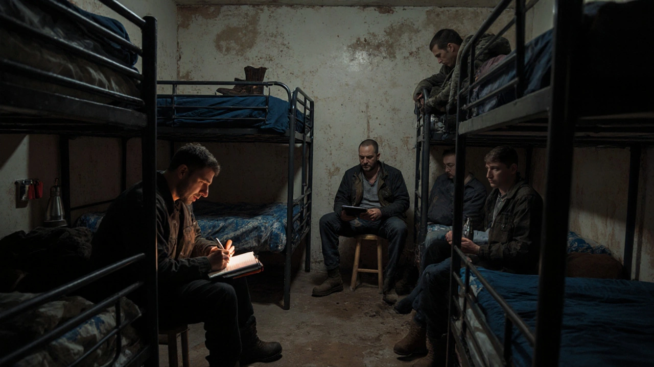 Робітники в спільній кімнаті-дормі на будівництві, один пише в зошиті, інший дивиться на телефон.