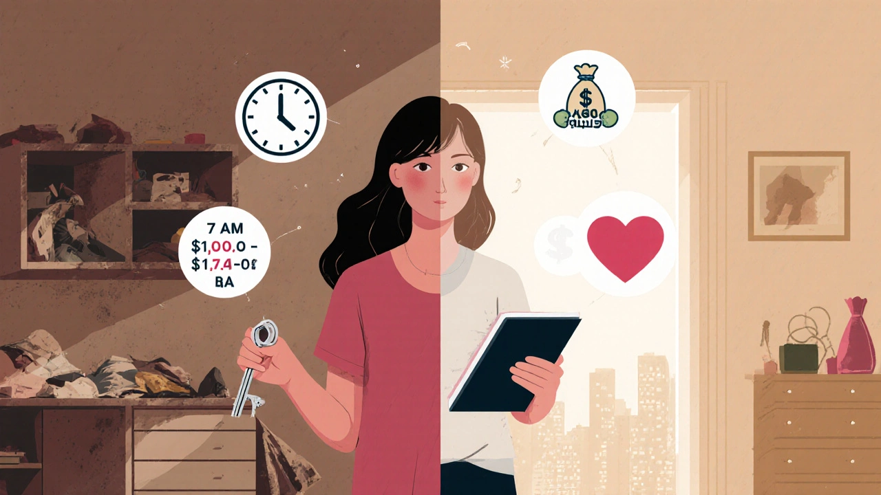 Розділена сцена: брудна кімната зліва, чиста праворуч, жінка тримає ключ і зошит, символи роботи навколо.