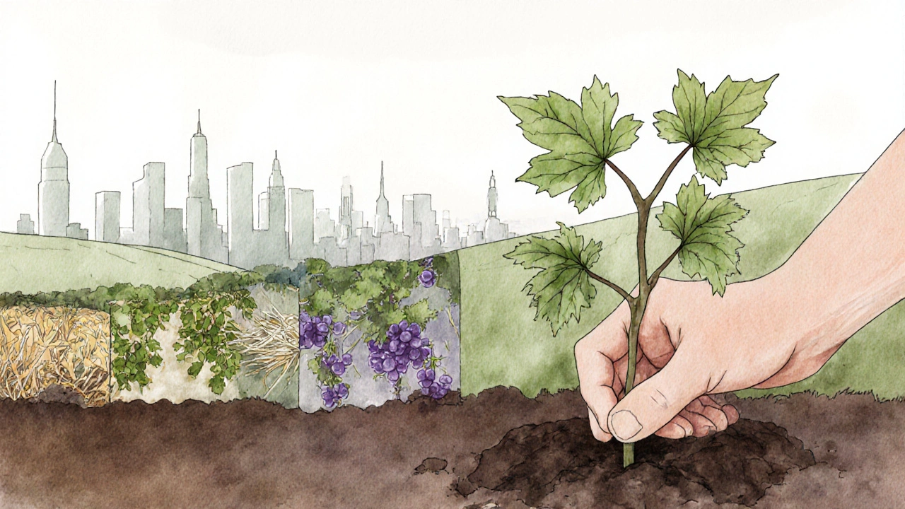 Рука садить виноградну лозу, зі схемами сезонних змін у фоні, символізує зв’язок міста з природою.