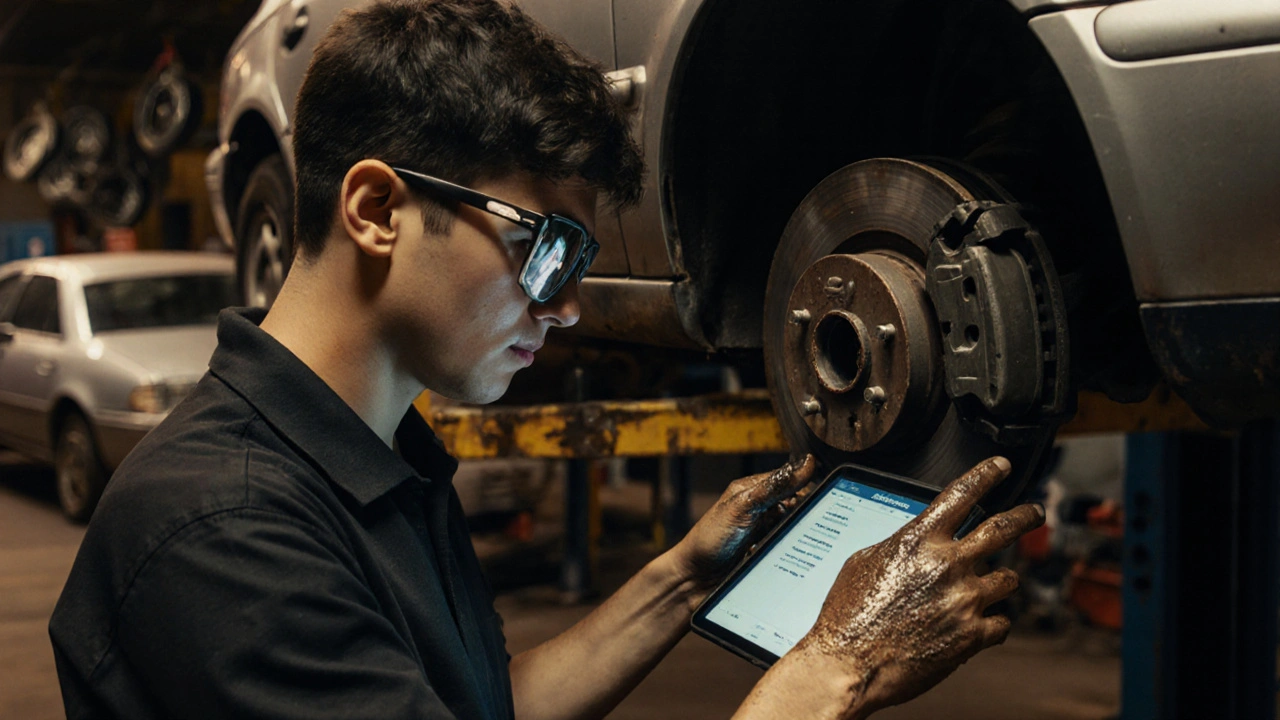 Руки молодого майстра встановлюють гальмівні колодки на автомобіль, на фоні — майстерня з технікою.