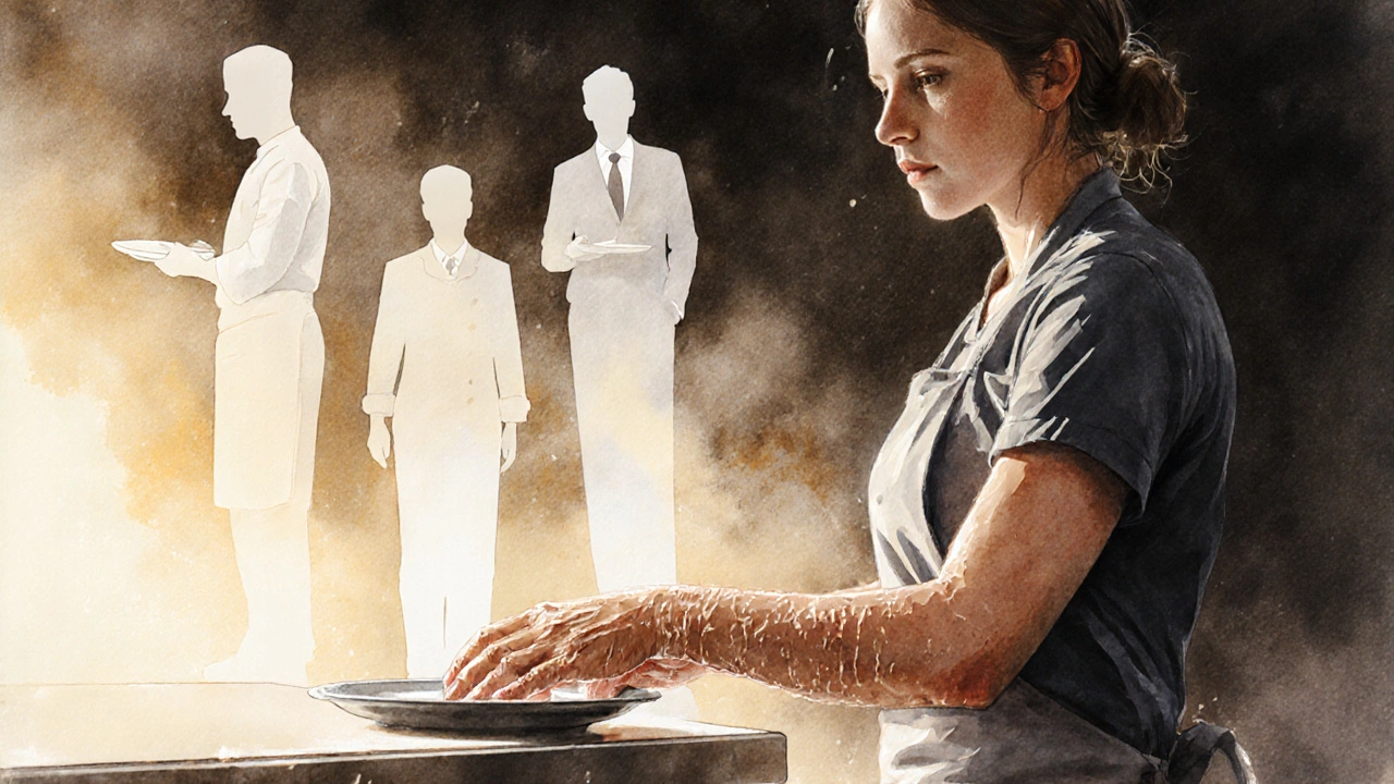 Руки працівниці кладуть чистий посуд, а за ними — тонкі контури майбутніх професій.