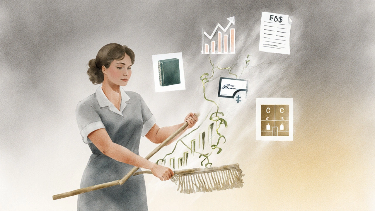 Руки з мопом, з яких виростають символи зарплати, договору та бізнесу — метафора росту професії.