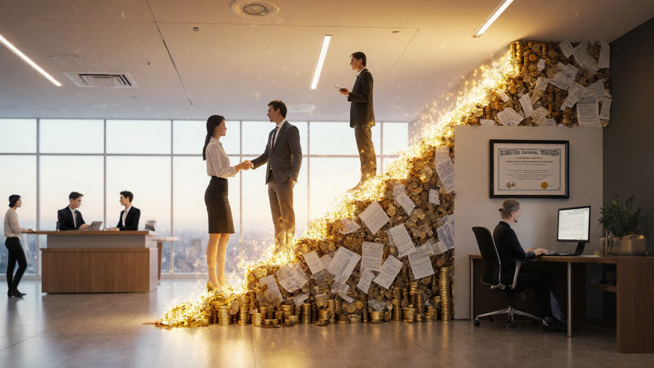 Символічна схема кар&#039;єрного зростання в банку: від касира до менеджера через золоту сходинку.