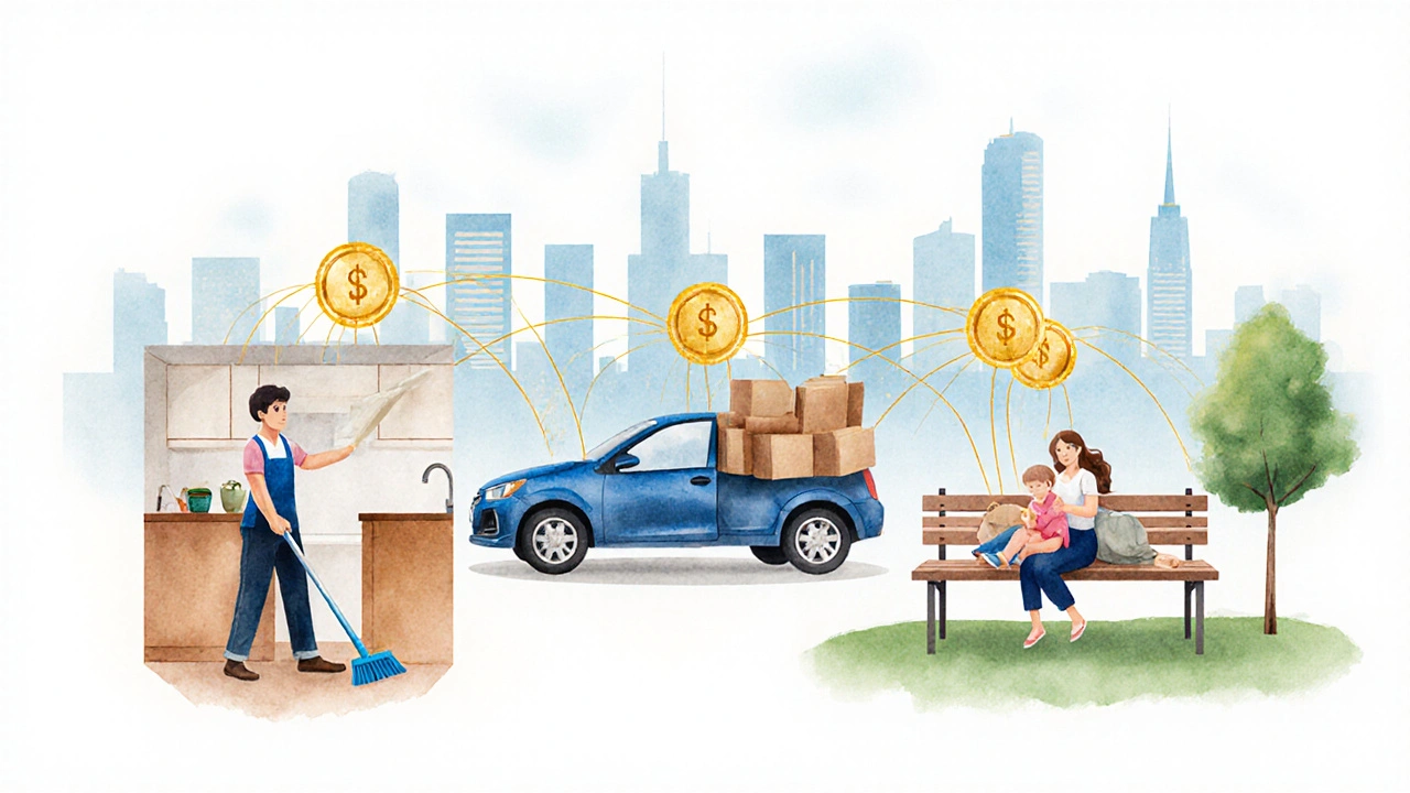 Три сцени разової роботи в Києві: прибирання, перевезення та догляд за дитиною.