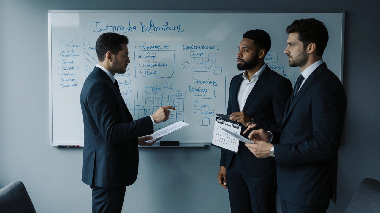 Троє юристів обговорюють справу в офісі, на дошці — схеми арбітражних справ.
