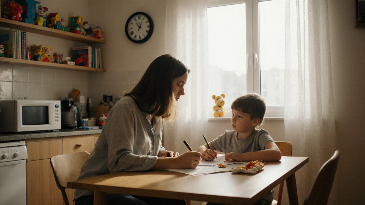 Жінка допомагає дитині з уроками в квартирі в Києві.