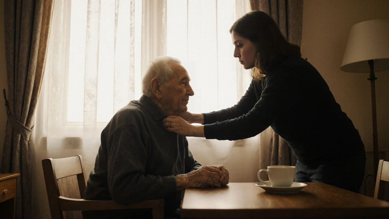 Жінка допомагає похилому чоловікові сісти в квартирі, сонячний день, спокійна атмосфера.