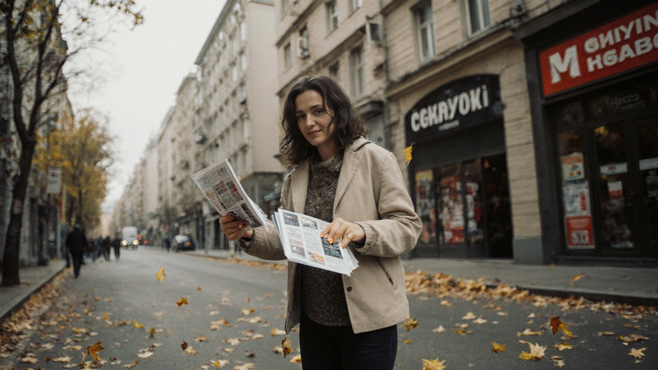 Жінка розклейка оголошень на вулиці в районі Оболонь, Київ, осінні листя навколо.