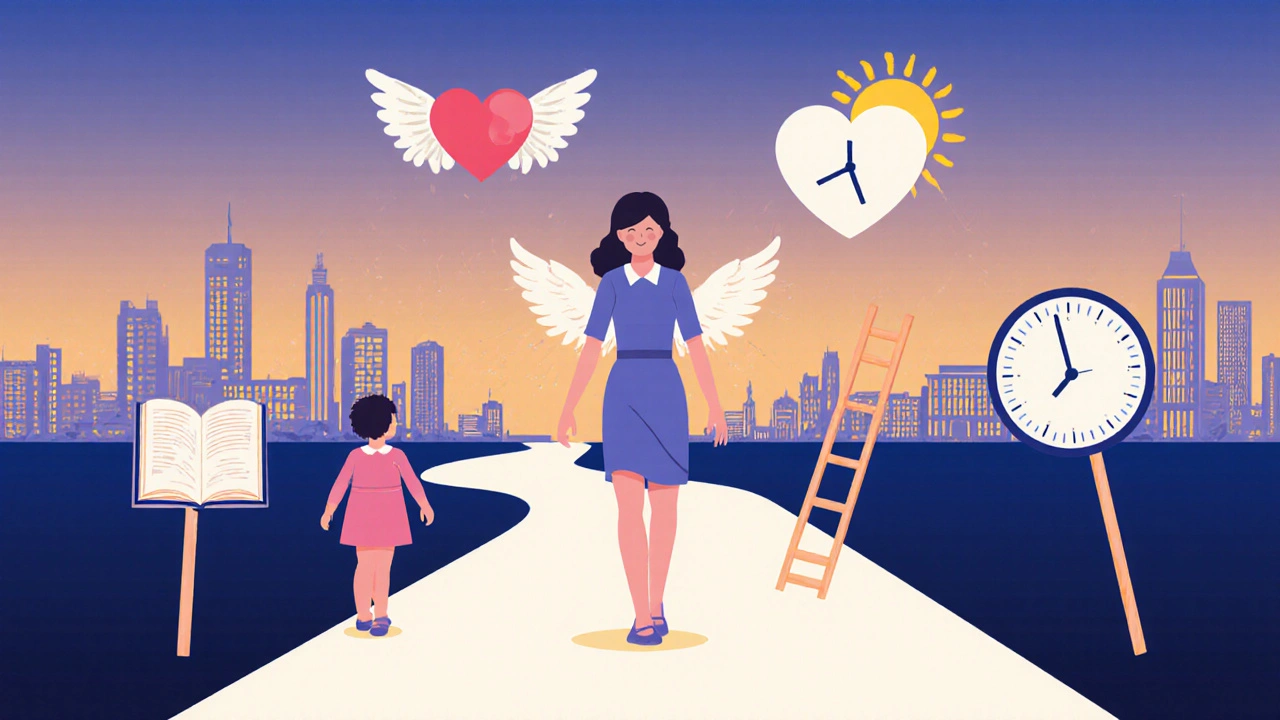 Жінка стоїть на шляху росту, оточена символами розвитку дитини