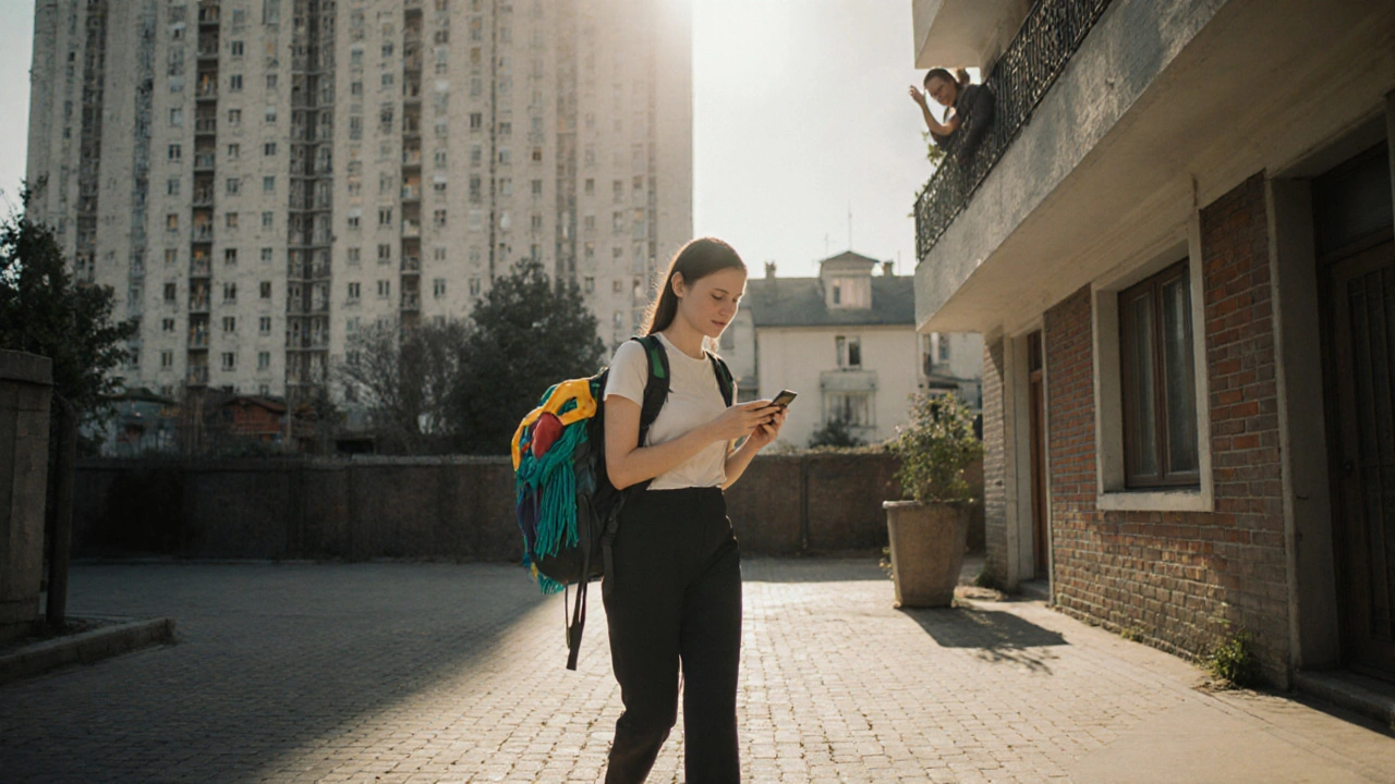 Жінка з інструментами йде двором у Троещині, сусіди вітаються, ранкове сонце, різноманітні будинки на тлі.