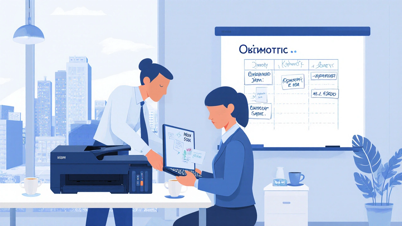 Адміністратор допомагає новому співробітнику налаштувати комп’ютер у відкритому офісі.