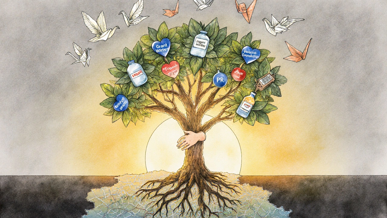 Дерево з коріннями-руками, що росте з карти Києва, з листям, що позначає професії в НКО, і плодами — символами допомоги.