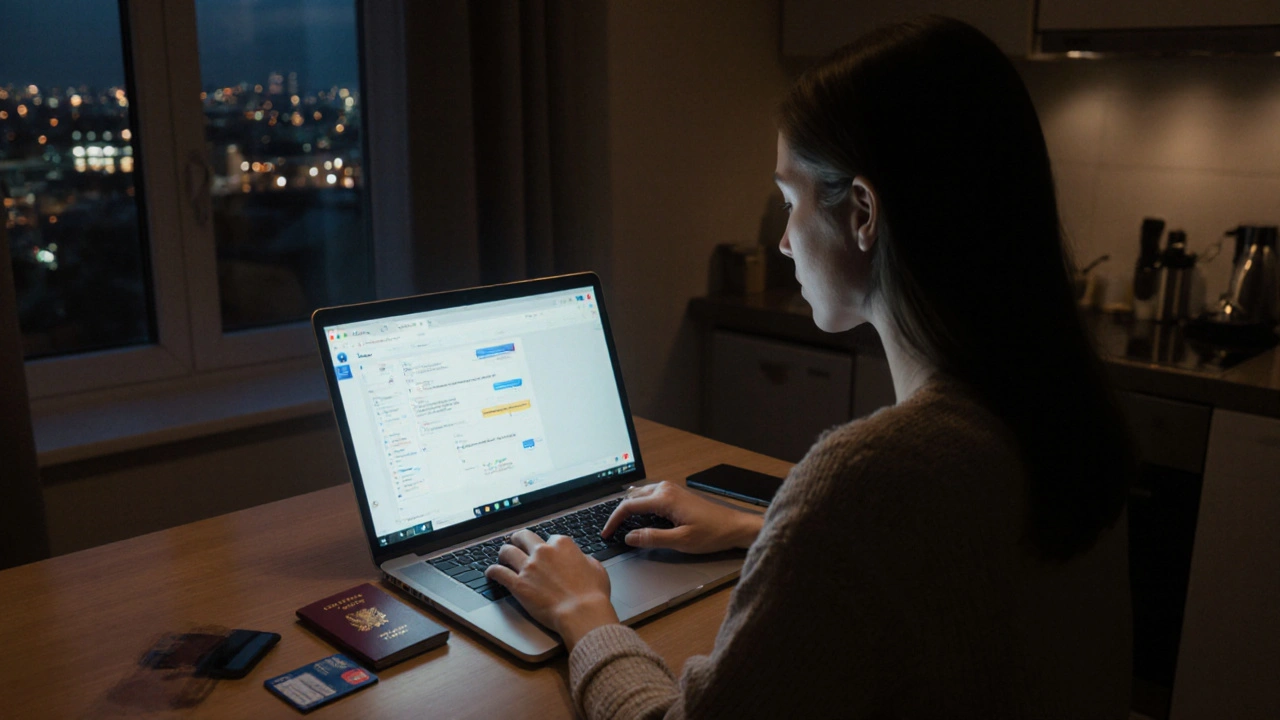 Дівчина працює вдома за ноутбуком, на столі — паспорт і телефон, за вікном — вуличні вогні Києва.