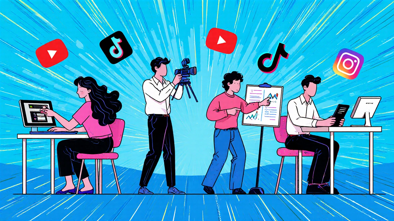 Група медіафахівців працює з цифровим контентом: монтаж, зйомки на смартфон, аналітика.