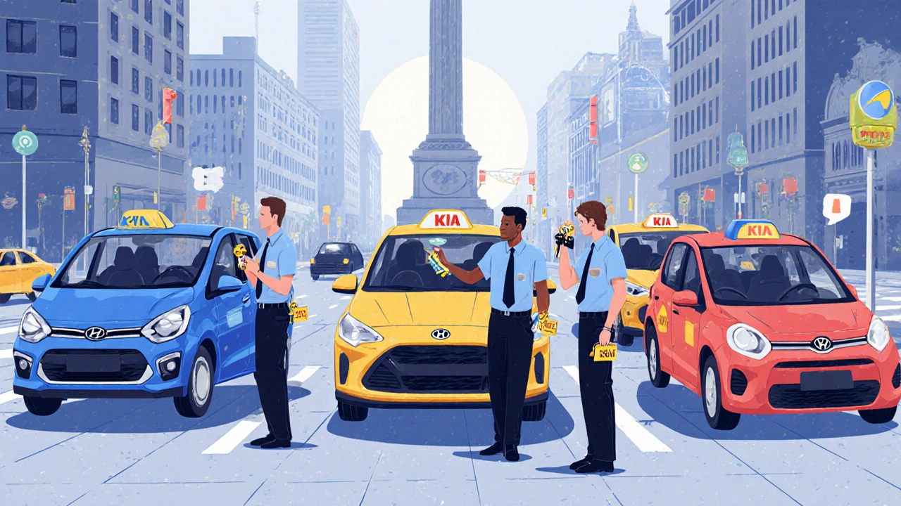 Група таксистів у Києві на зборі біля центральної площі з ключами від компанійних авто.