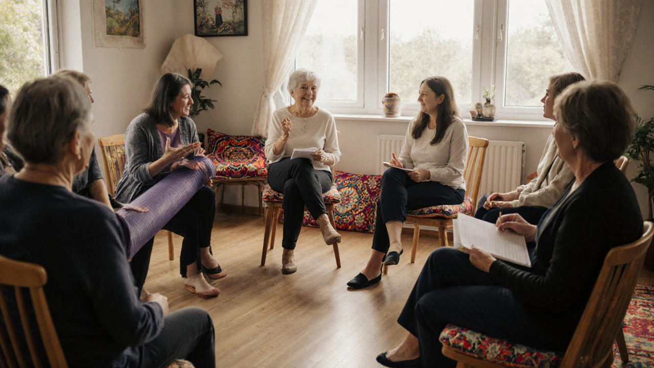 Група жінок на безкоштовному занятті в культурному центрі, одна з них тримає йога-мат, інші слухають викладача.