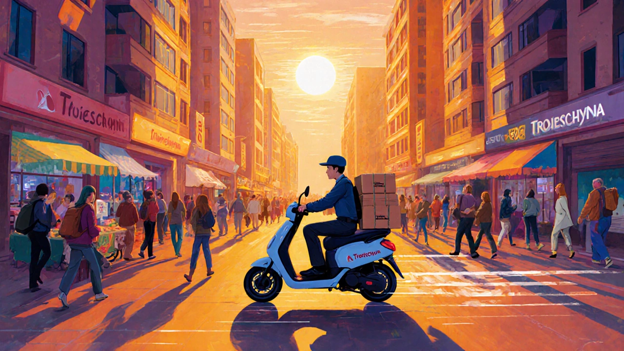 Кур&#039;єр на електросамокаті доставляє посилки біля торговельного центру в Троещині.