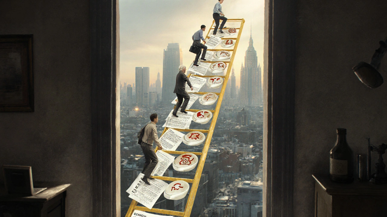 Лісця з професійними символами піднімається до панорами Печерська, люди різного віку піднімаються по ній.