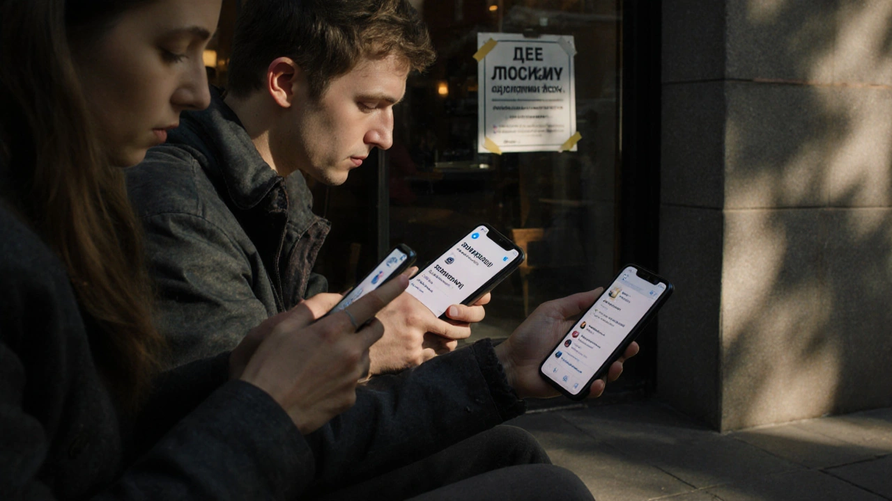 Люди перевіряють вакансії в кафе Києва через Telegram на смартфонах біля кав’ярні.