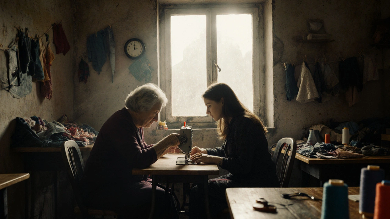 Молода мама вчиться працювати на швейній машинці в маленькій майстерні на Лівому березі.