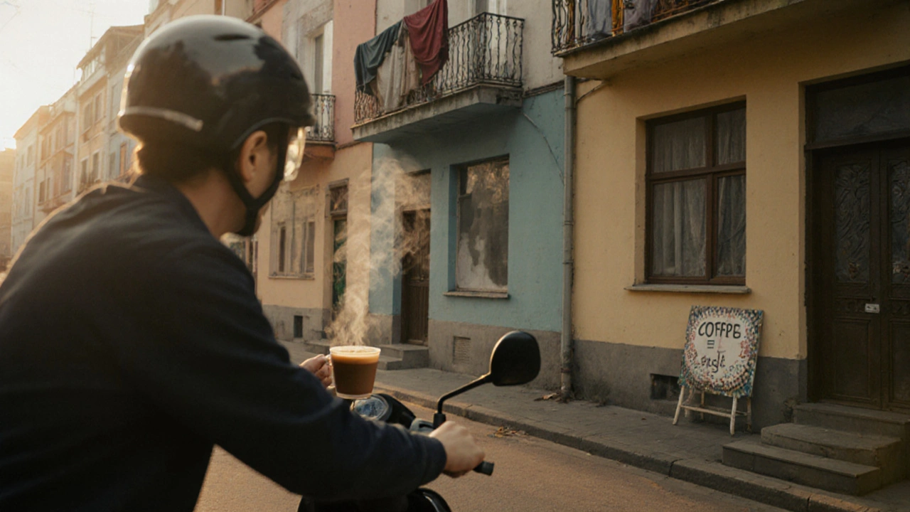 Молодий кур’єр на самокаті доставляє каву в житловий район Борщагівки на Лівому березі Києва.