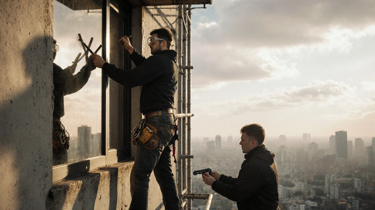 Монтажник на лінії встановлює вікно на висоті в Києві.