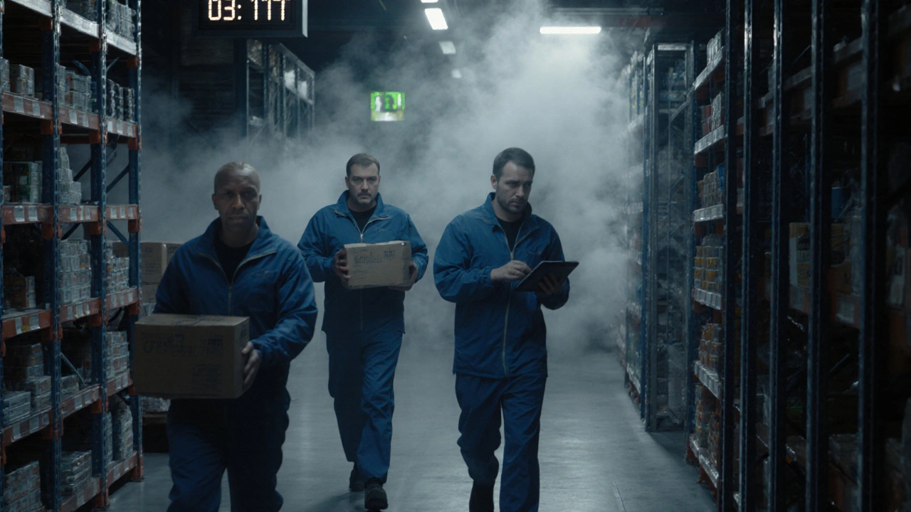 Нічна зміна на складі: працівники рухаються між стелажами під холодним світлом.