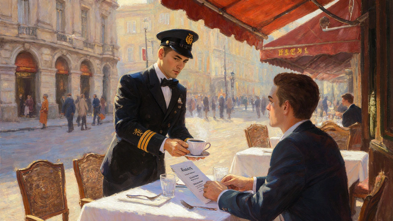 Офіціант подає каву в преміум-кафе на вулиці Грушевського, видно чисту серветку та посуд.