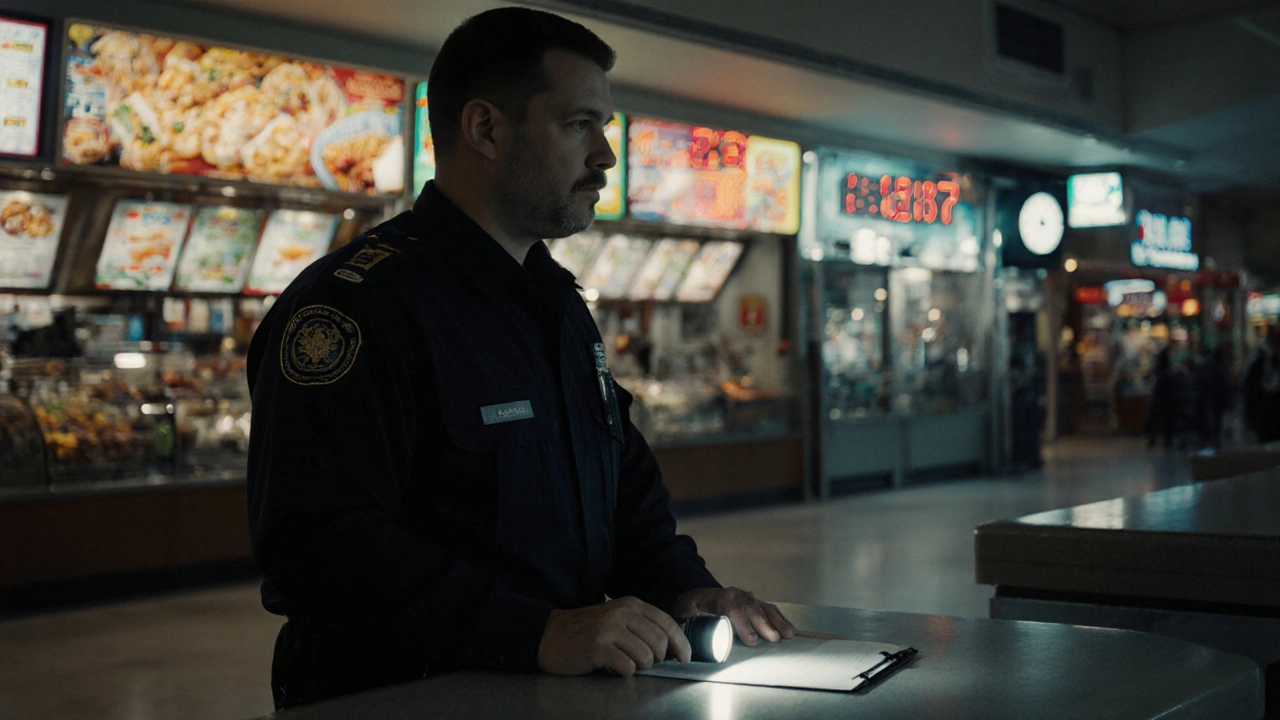 Охоронець на нічній зміні у порожньому їдальному дворі торгового центру