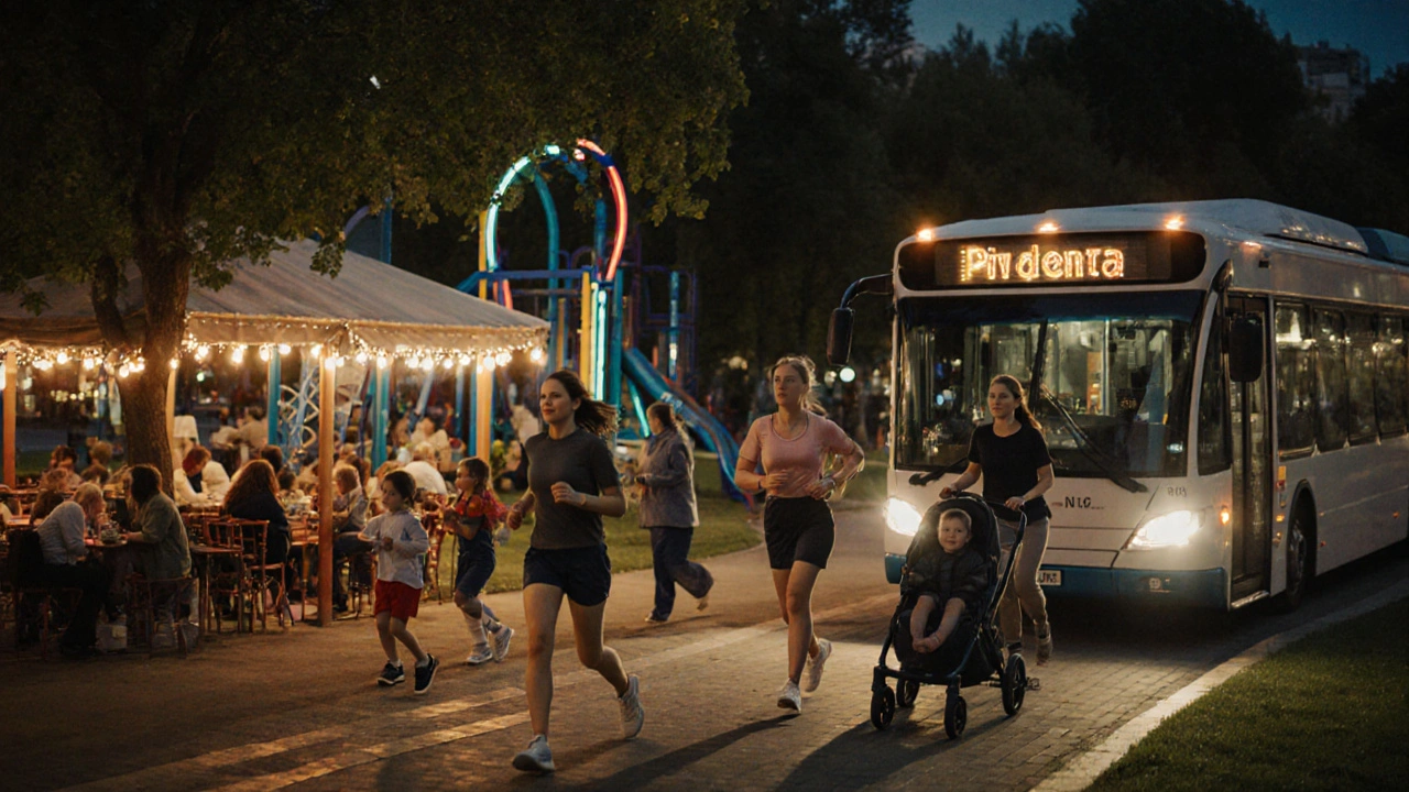 Парк Дарницький ввечері: жінки бігають, діти грають, електробус зупиняється біля лавки з колясками.