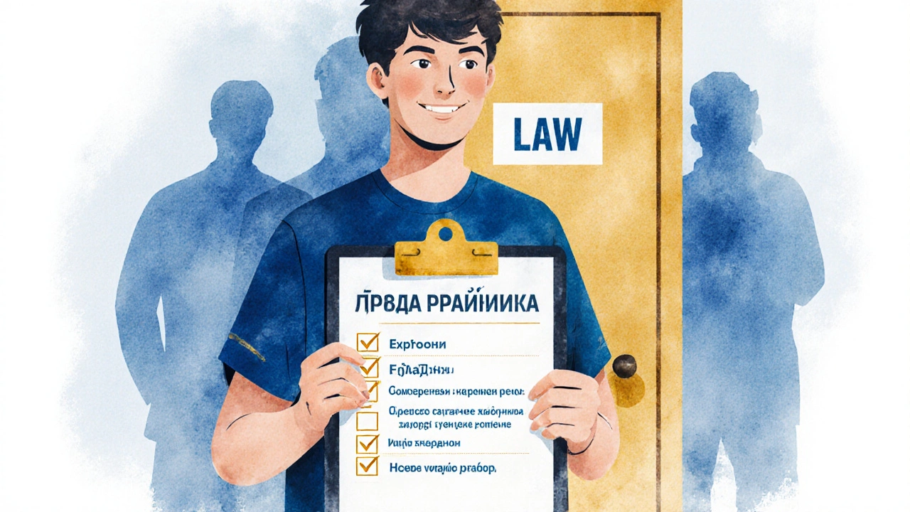 Підліток тримає список прав працівника перед дверима закону.