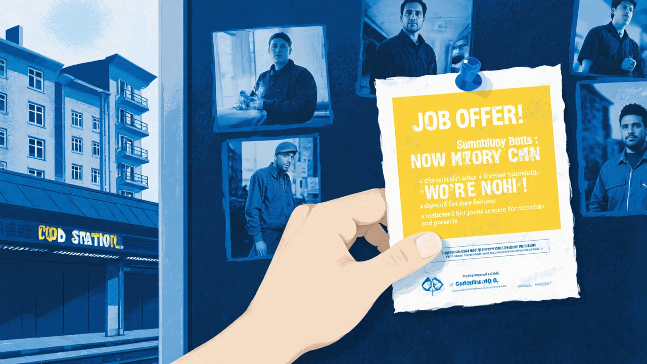 Рука бере оголошення про роботу з дошки в метро, навколо — образи працівників.