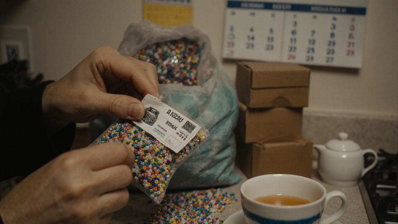 Руки наклеюють етикетки на маленькі пакетики з бісером, на задньому плані — коробки з готовою продукцією.