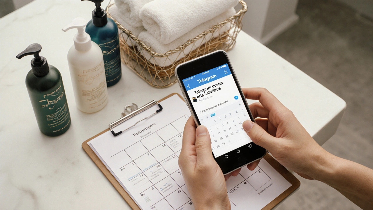 Руки організовують засоби для салону: шампуні, рушники, розклад на кліпборді, на телефоні — повідомлення.