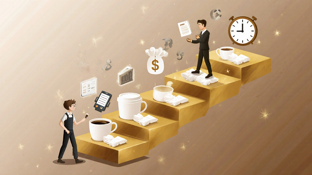 Схематична лістівка з кавових чашок, що веде від працівника до менеджера — символ кар’єрного зростання.