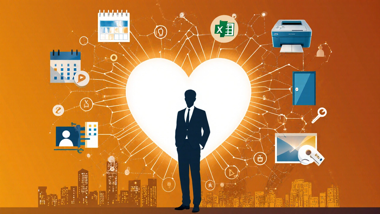 Символічне зображення адміністратора як серця офісу з іконами робочих процесів.