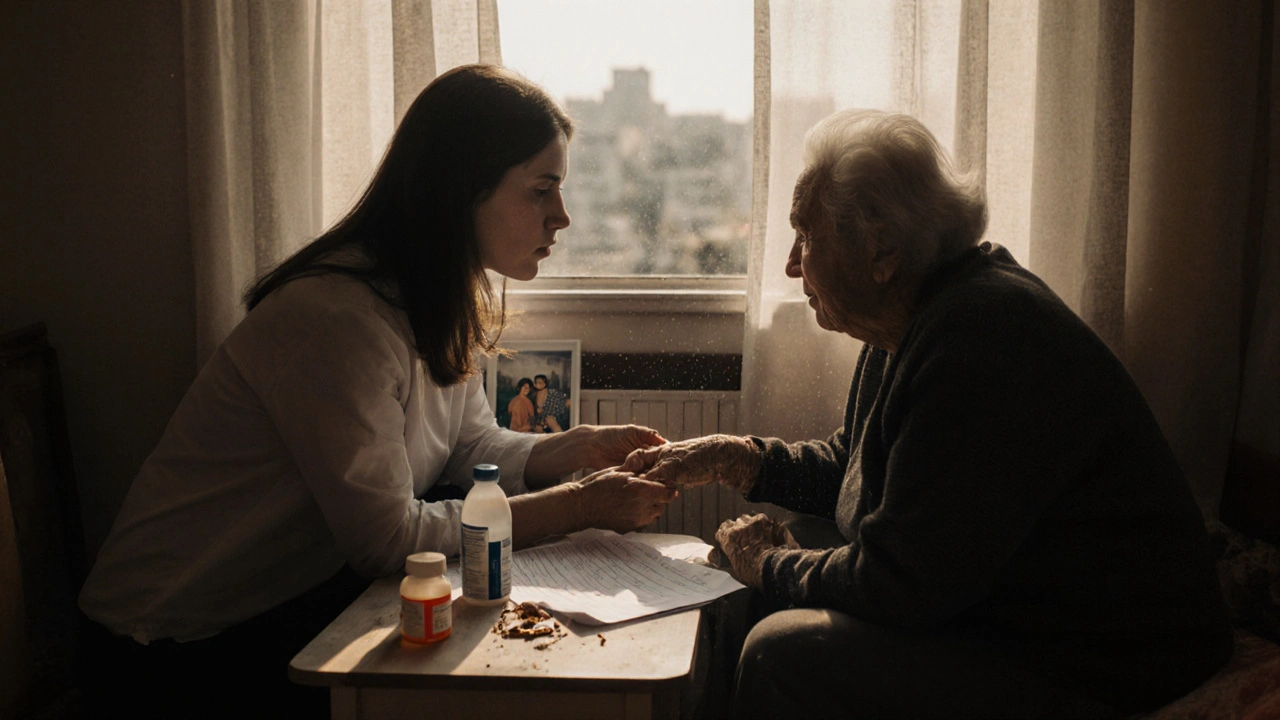 Соціальний працівник сидить біля літньої жінки в її квартирі, розглядаючи разом план допомоги, сонячний світло від кімнати.