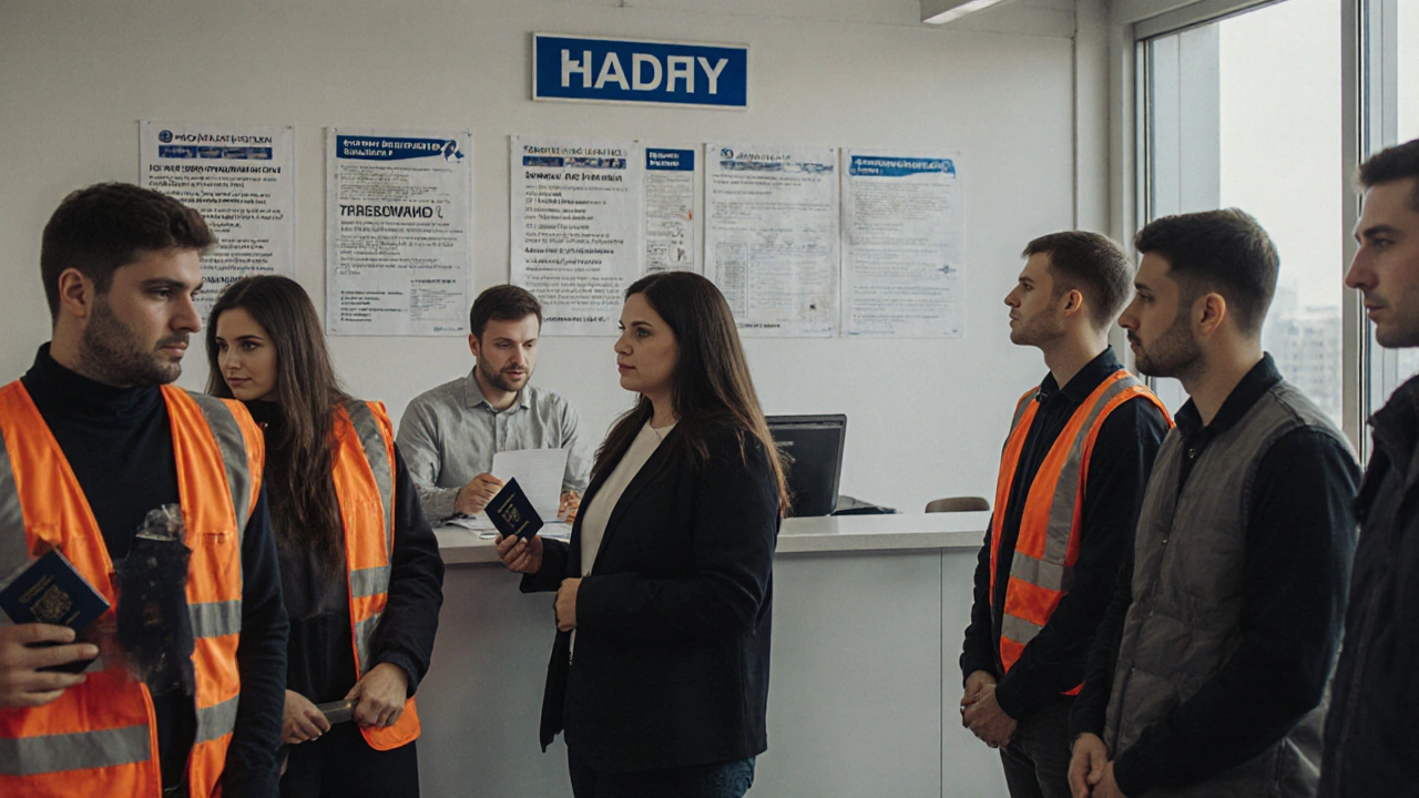 Шукачі роботи чекають у відділі кадрів заводу в Києві з паспортами та ІПН.