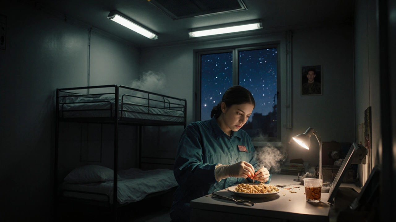 Жінка-оператор на нічній зміні військового заводу, видно гуртожиток у тлі.